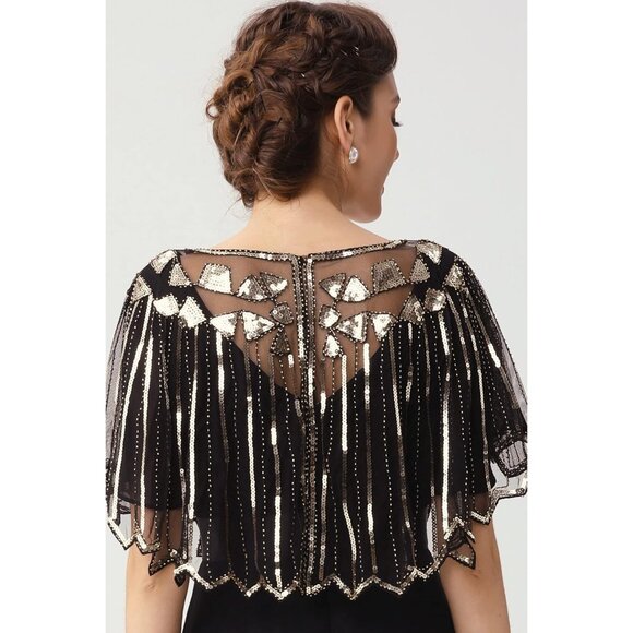 🆕 Women Gold Sequin Beaded Evening Cape Zig Zag Themed Party Dress Shawl Wraps - Picture 2 of 6